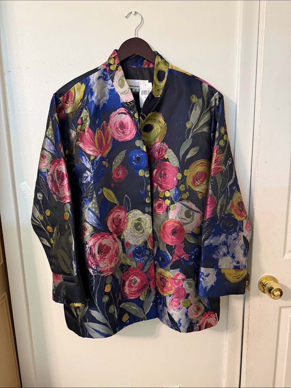Floral Open-Front Satin Blazer in Navy and Pink
